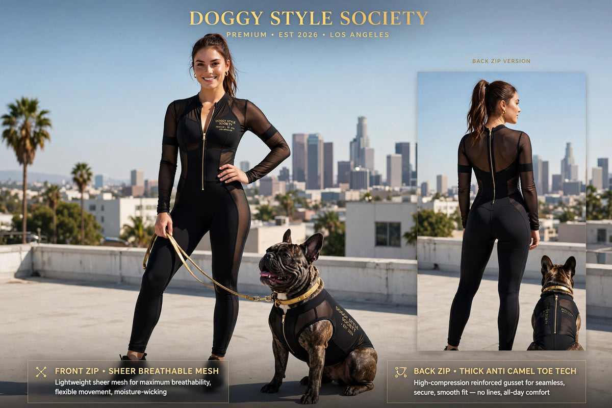 Woman and French Bulldog in matching sheer bodysuit.