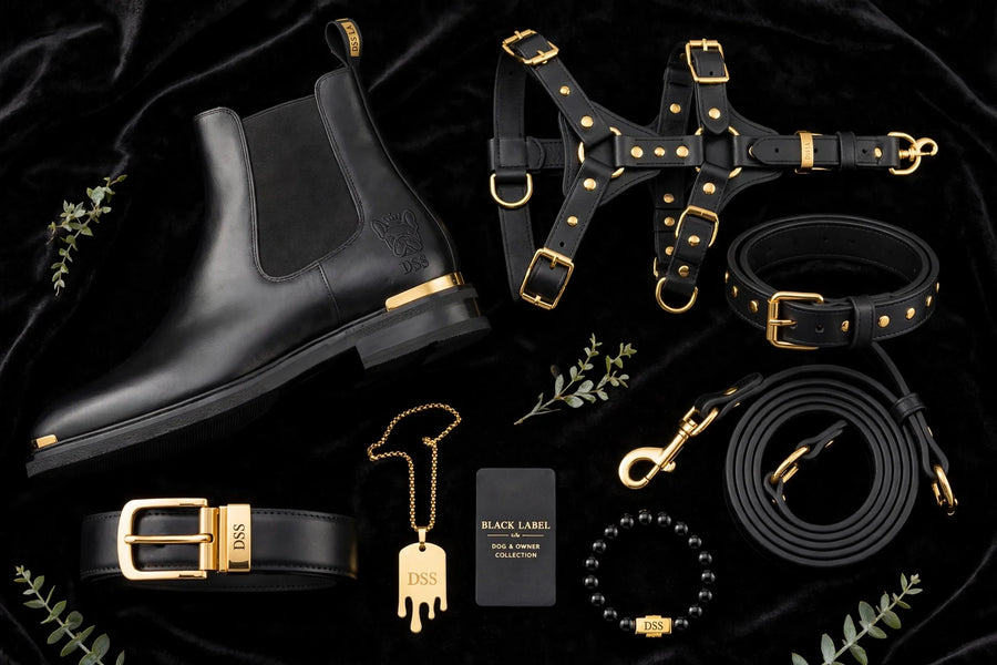 DSS Black Label accessories set with harness, collar, and leash on velvet