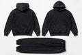 A three-piece matching hoodie and jogger set in a washed black or charcoal color, shown from both front and back views along with the pants. The brand name 'Dusty Style Society' is printed on the back of the hoodies and the left leg of the joggers.
