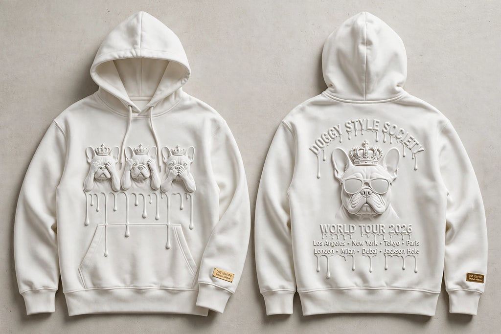 A white pullover hoodie shown from both front and back on a light neutral background. The front features a large embossed graphic of three French bulldogs wearing crowns with dripping paint details.