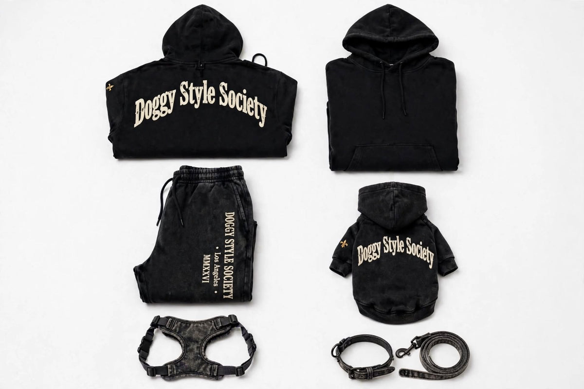 A flat-lay product collection of black apparel and accessories for dogs, including a large hoodie, a small hoodie, matching sweatpants, a harness, and a leash, all featuring the 'Doggy Style Society' logo in beige on a white background.