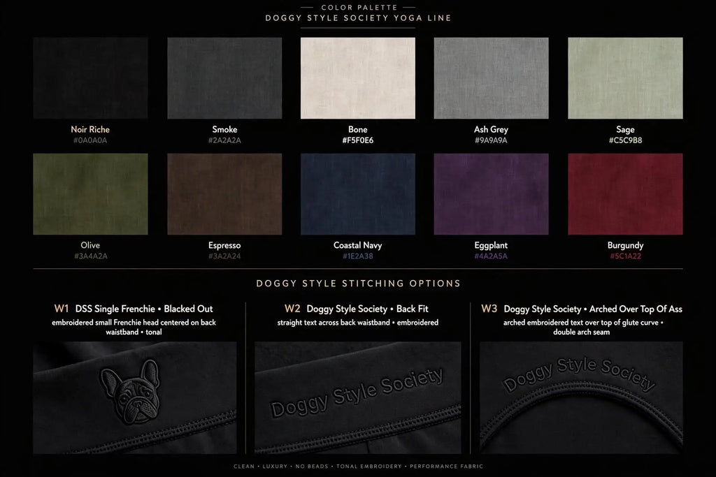 A color palette chart for Doggy Style Society Yoga Line fabric, showing multiple color options including Noir Riche, Smoke, Bone, Ash Grey, Sage, Olive, Espresso, Coastal Navy, Eggplant, Burgundy, and black embroidered options with logo examples.