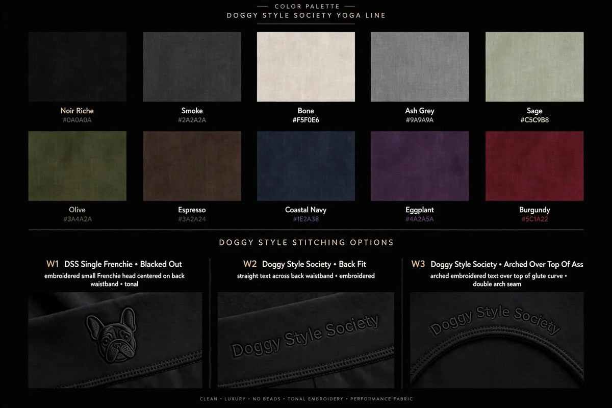 A color palette chart for Doggy Style Society Yoga Line fabric, showing multiple color options including Noir Riche, Smoke, Bone, Ash Grey, Sage, Olive, Espresso, Coastal Navy, Eggplant, Burgundy, and black embroidered options with logo examples.