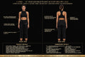 A black promotional infographic for the CAPRI 17" Inseam High Waist Sculpt Below Calf garment, showing front and back views of a model wearing the black athletic top and leggings, with text callouts, product details, and embroidery details on a black background.