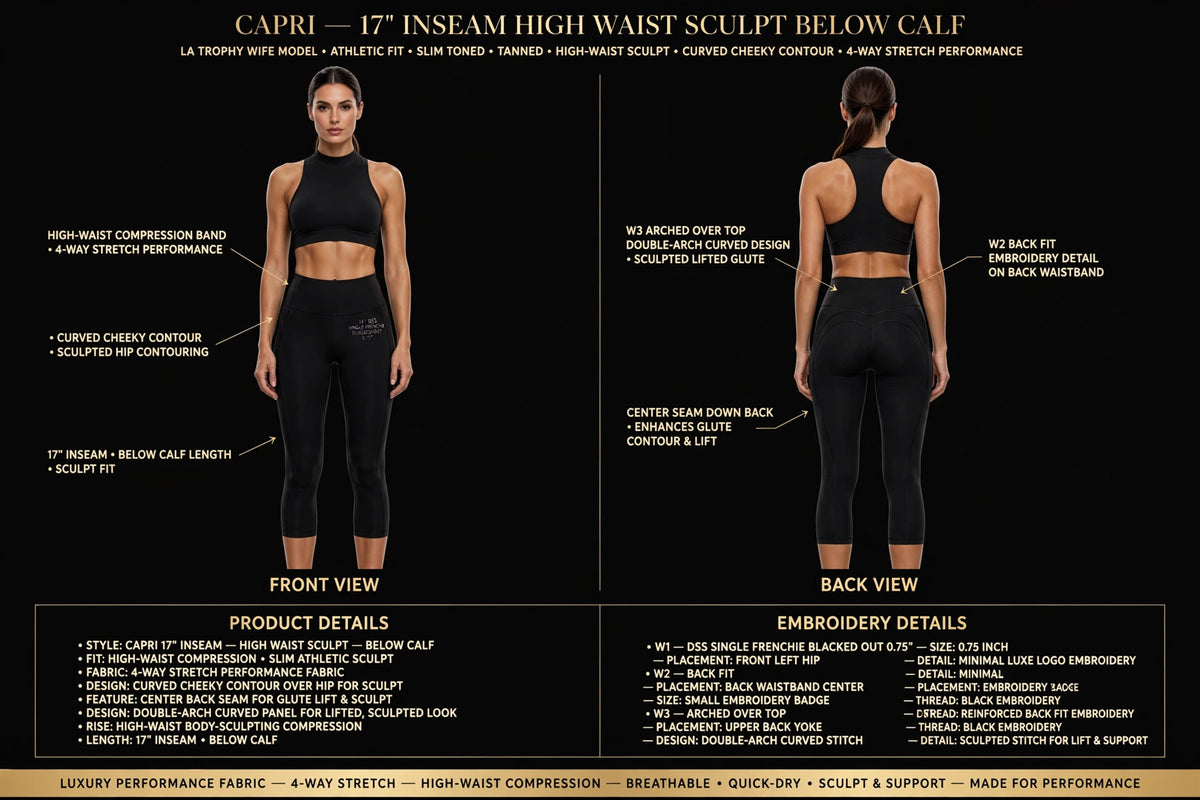 A black promotional infographic for the CAPRI 17" Inseam High Waist Sculpt Below Calf garment, showing front and back views of a model wearing the black athletic top and leggings, with text callouts, product details, and embroidery details on a black background.