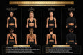 A promotional collage showing four yoga tops styles labeled A, B, C, and D on models, with front and back views, fabric details, and embroidery details on a black background.