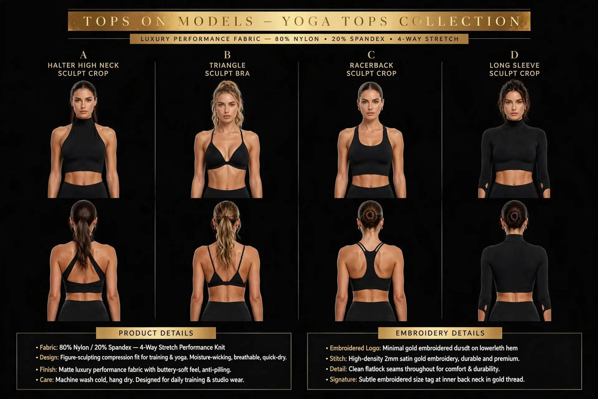 A promotional collage showing four yoga tops styles labeled A, B, C, and D on models, with front and back views, fabric details, and embroidery details on a black background.