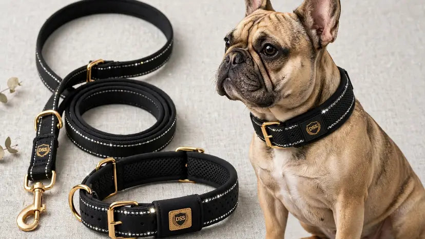 DSS leash coiled next to French Bulldog wearing matching collar