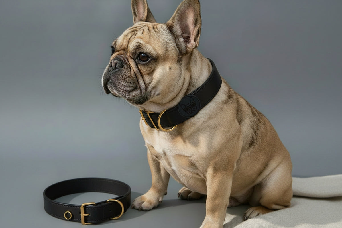 French Bulldog with DSS black collar and matching coiled leash with gold hardware