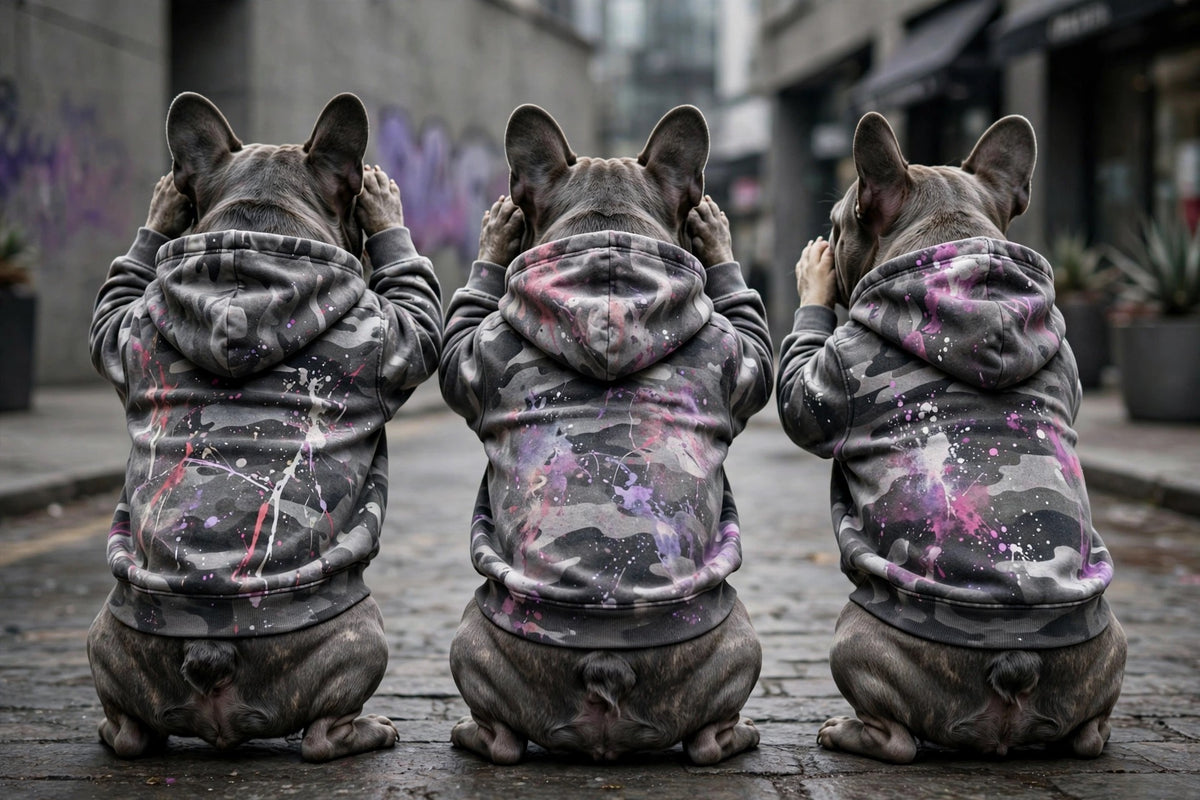 Three French bulldogs sitting side by side on a city street, seen from behind, wearing matching camouflage hoodies with purple, pink, and white paint splatter designs.