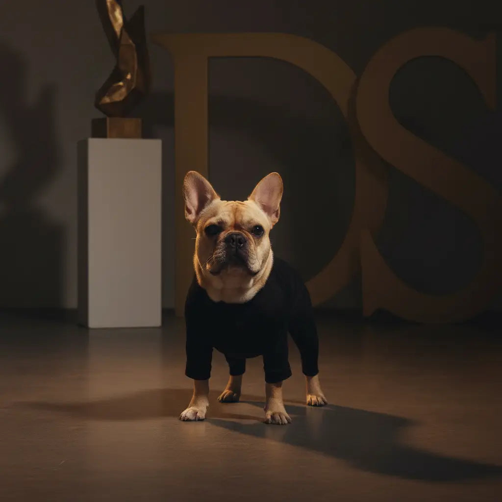 A small French bulldog stands on a dark wooden floor wearing a black long-sleeve pet sweater, with a dimly lit gallery or studio background featuring a white pedestal and large decorative letters.