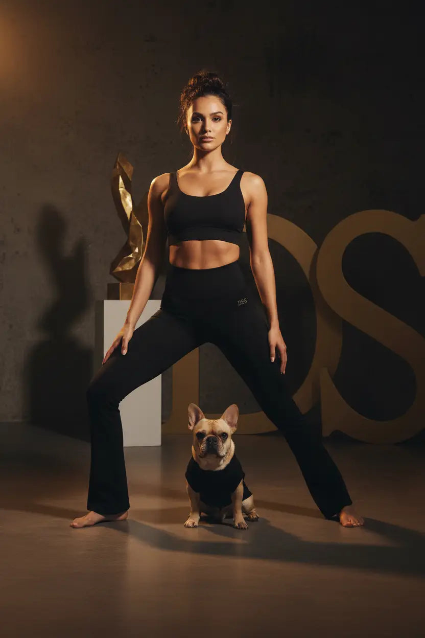 A woman in a black sports bra and high-waisted black yoga pants poses in a wide-legged yoga stance next to a small French Bulldog wearing a matching black outfit, set against a dark studio background with a gold sculpture and large letters.