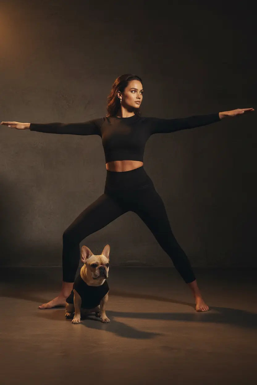 A woman in a black activewear set poses in a yoga warrior stance with a small French bulldog wearing a matching black outfit on the floor, set against a dark textured studio backdrop.