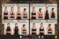 Women's four sports bra designs, front and back views, in eight luxe colors