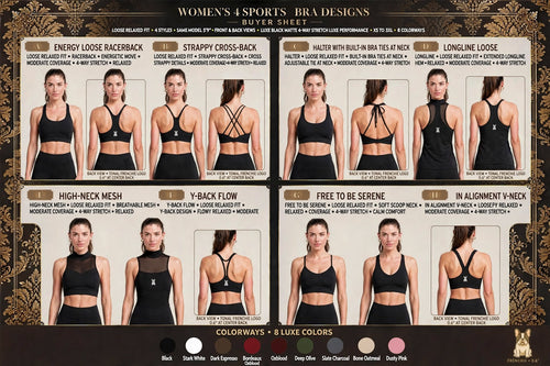 Women's four sports bra designs, front and back views, in eight luxe colors