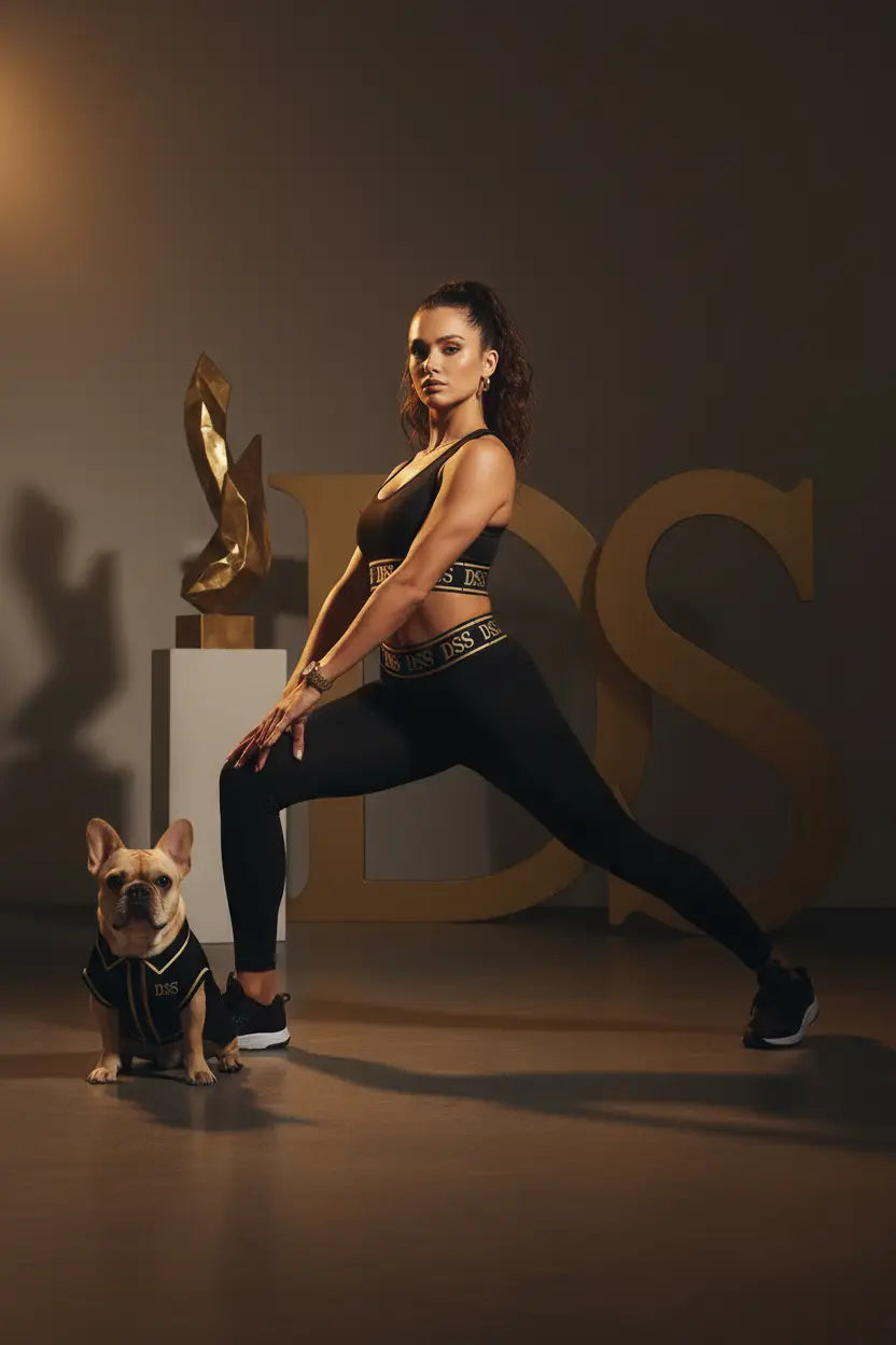 Woman in DSS 28-inch black leggings in lunge pose with matching Frenchie
