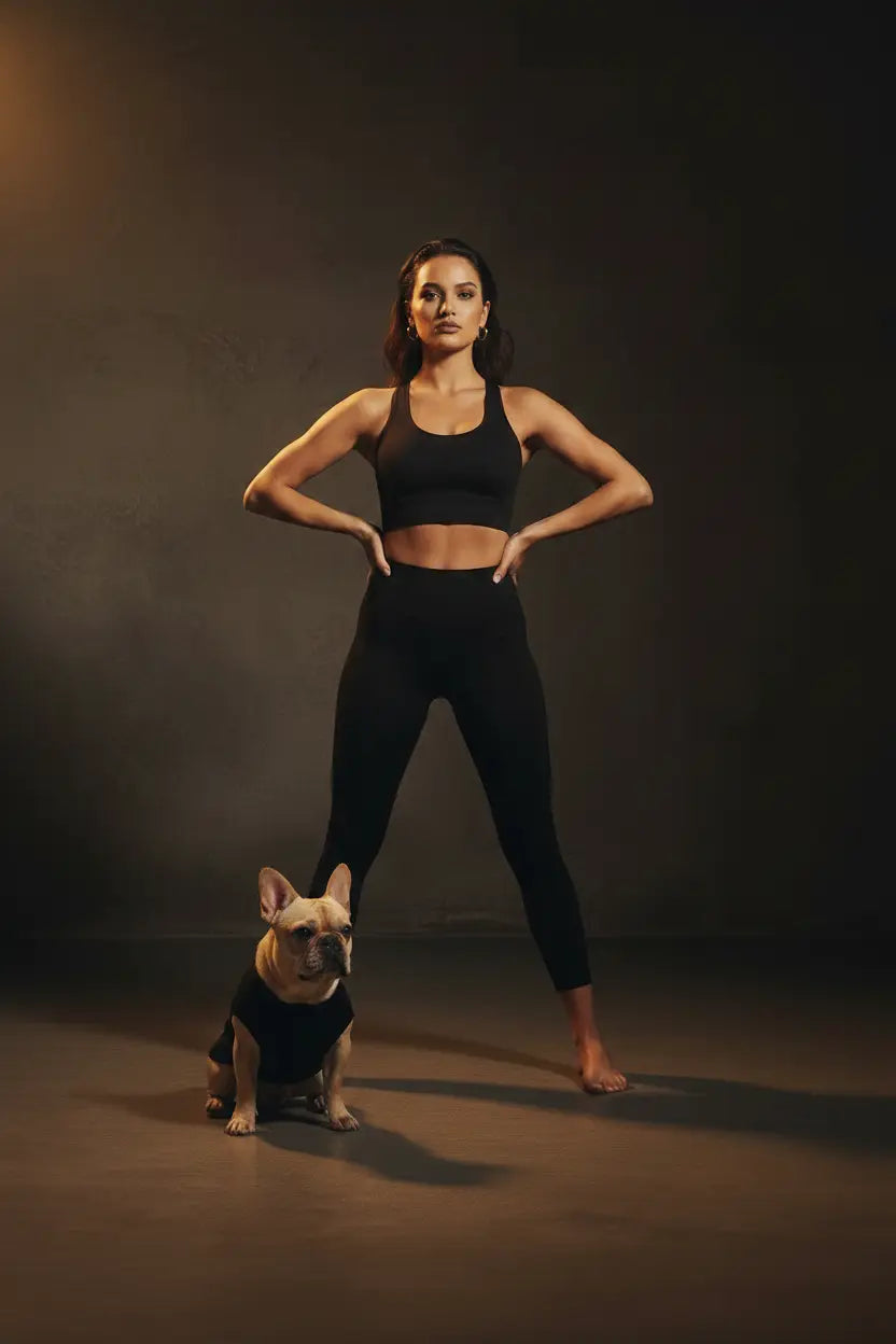Woman in DSS black leggings in athletic stance with Frenchie in studio
